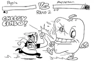 PizzaTowerBook 0016 Calque-51.png (495 KB) A sketch of Peppino fighting Pepperman featuring a scrapped feature where the game would look like a fighting game during boss fights.