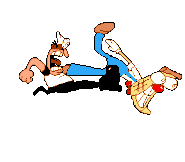 Peppino kicking Pizzahead on the cheek.