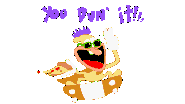 The Noise, wearing a purple crown and sunglasses, riding his skateboard while holding pizza and giving a peace sign; The Noise’s counterpart to Peppino's "HOLY SHIT!!" judgement.