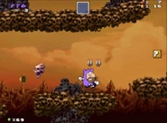 Pizza Tower Guy as he appears in a mod of Mushroom Kingdom Fusion, made by McPig and placed over Wario. He is exploring one of the Hell levels.