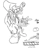 Yet another new drawing of Deranged Noise, along with a doodle of Noisette by his leg, from McPig's Twitter.