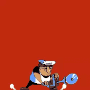 Pizzacutter Land.gif (30 KB) Peppino landing on the floor with the buzzsaw