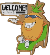 A cardboard cutout of a Pineacool on a deck chair that's welcoming the player to floor 3. Surprisingly, the crossed out word actually spells out Peppino.