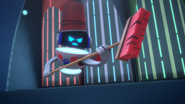 PJ Robot with a pail on his head and armed with a broom