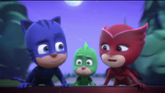 PJ Masks on top of the train