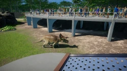 An amber Nasutoceratops in an enclosure.