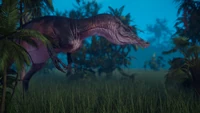 A Baryonyx in a Tropical enclosure at night.