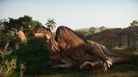 An Ouranosaurus of the Chert skin resting on the ground, as seen in the November 2023 Devlog.