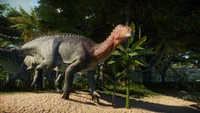 An Iguanadon walking around a forest, as seen in the March 2022 Devlog.