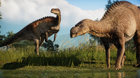 Two Muttaburrasaurus drinking at a waterhole, as seen in the August 2023 Devlog.