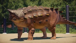 Ankylosaurus in an exhibit, showing off the Peat skin.