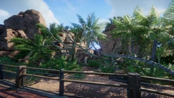 Desertmicrofrompath.png (6.47 MB) Microraptor in an open Tropical Mini-Aviary, with Scrubland foliage surrounding it, as seen from the guest path.