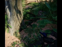 Microraptor hopping towards a tree within the Mini-Aviary.