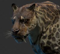 Close-up render of Smilodon fatalis' facial detail.