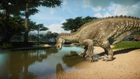 An Iguanadon drinking from a pond, as seen in the March 2022 Devlog.