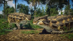 Ankylosaurus's yellow striped skin as shown in September 2024's Dev Diary. Notably bearing updated skull armor and horn definition compared to the model showcased in August's Dev Diary.