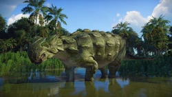 Ankylosaurus standing in a pond, seen in the August 2024 Devlog.