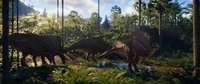 A group of Ouranosaurus navigating a forest clearing.