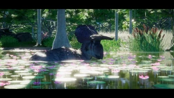 A wildberry Nasutoceratops resting in a lake with lilypads.