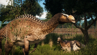 Two Muttaburrasaurus relaxing, as seen in the August 2023 Devlog.