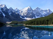 The Rocky Mountains in Canada overlook Moraine Lake.