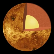 Internal structure of Venus - the crust (outer layer), the mantle (middle layer), and the core (yellow inner layer)