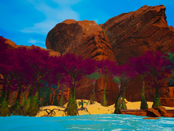 This beautiful purple Rosea grove grows around the lake at the waterfall during the Trees stage.