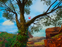 The red arrow points to the player standing on the gigantic tree during the the Mammals stage.