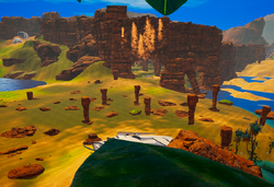Looking down from a tree atop of the Labyrinth Canyons. The scenery shows the Central Plateau with the entrance to the Iridium Mine in the background.
