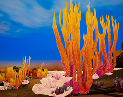 A savanna location with pink flowers and giant coral mushrooms.