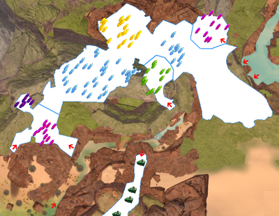 The rest of the caves are all located north of the canyon and connected to each other. Red arrows mark possible entrances. The cave in the south is the Uranium Cave leading to The Highlands.