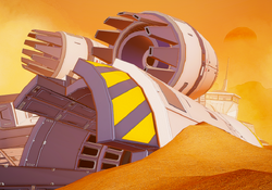A huge battleship sitting on a sand dune in the center of the desert.