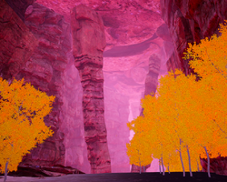 A cave location with pink rocks and orange trees.