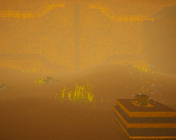 The functional altar in the Super Alloy Cave with the locked door behind it. Here, one key has to be inserted.