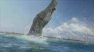 Pliosaurus launching out the water whilst holding a Kimmerosaurus.