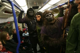 'Apemania' inadvertently recreate the newspaper clipping above while publicising the Planet of the Apes Blu-Ray release, November 2008 (photo by Tim Anderson)