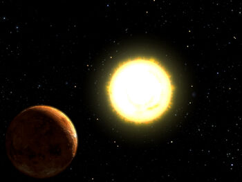 Artist conception of 55 Cancri e (left) and 55 Cancri A (right)