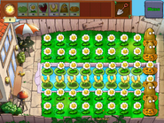 An optimal layout for gold farming in Last Stand. It requires exactly 5000 sun, is fully automated, and lasts through the first flag, gaining more than $1000.