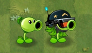 Costumed Mega Gatling Pea next to normal Peashooter