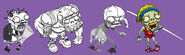 Concept art of Newspaper Zombie, Football Zombie, Dolphin Rider Zombie and Pole Vaulter Zombie