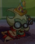 Professor Brainstorm wearing an Unlife of the Party's roadcone during his winning animation