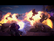 A Cactus gets obliterated with the other original plant heroes from an explosion in PVZ Garden Warfare 2