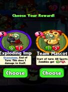 The player having the choice between Team Mascot and Exploding Imp as a prize for completing a level