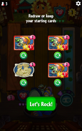 3 Energy Drink Zombie cards in the redraw selection screen along with a Locust Swarm card