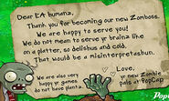 PopCap's note for Electronic Arts. Note it resembles the zombies' notes seen in-game.