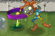 An unpowered Nightshade attacking a Jester Zombie