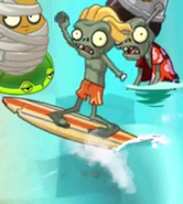 A Surfer Zombie surfing without his left arm