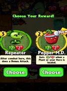 The player having the choice between Pepper M.D. and Repeater as the prize for completing a level