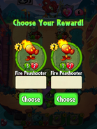 The player having the choice between two Fire Peashooters as a prize after completing a level