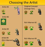 A picture showing some concept art for the game. Note a yellow Marigold, a Peashooter with back leaves of a Repeater, and a Sunflower with a slightly different smile.